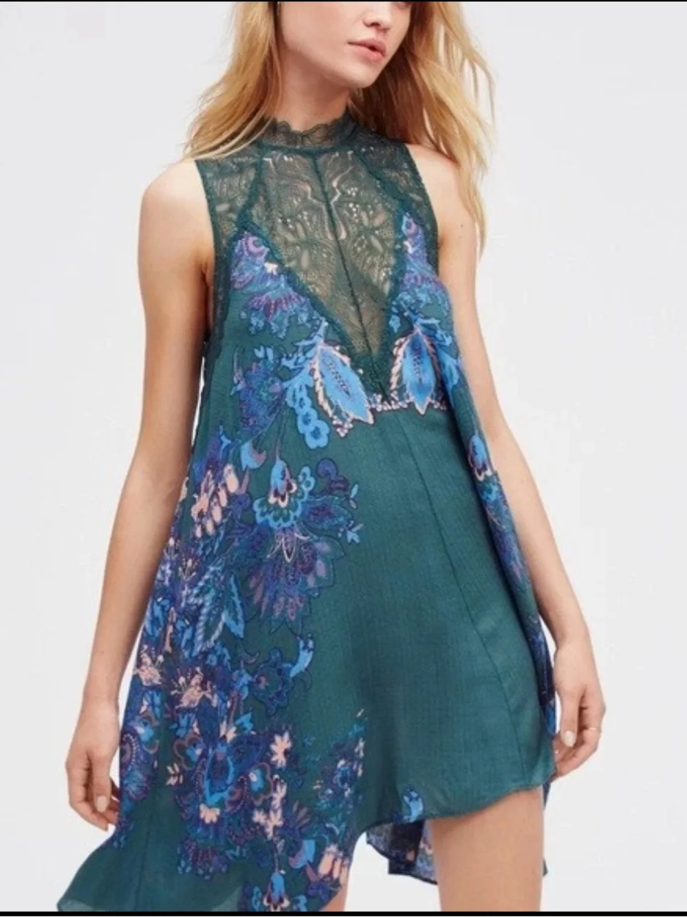 Free People Marsha Teal Green Lace Mock Neck Mini Slip Dress Tunic Size S